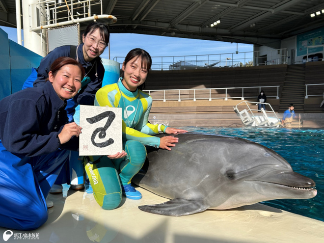 来年年女の2人、白形獣医師と向田トリーターと相棒のバンドウイルカ「ミレニー」 （「ミレニー」は辰年生まれの24歳です！）