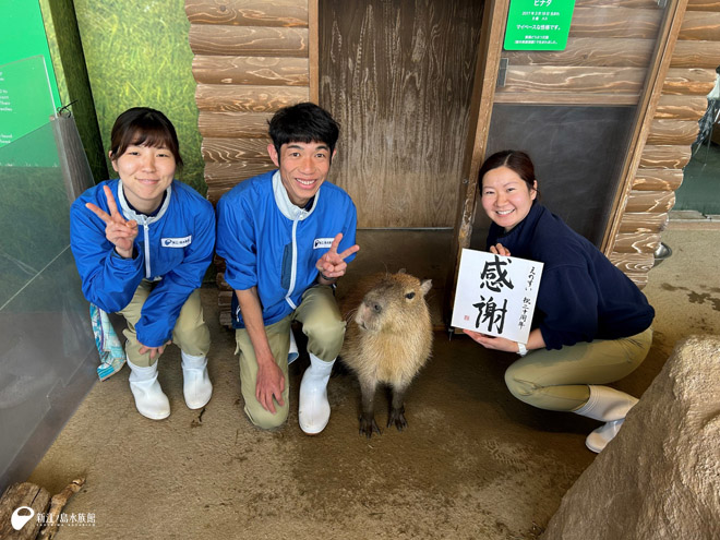 『ヒナタ』と担当トリーター（大内トリーターと吉田トリーター）と